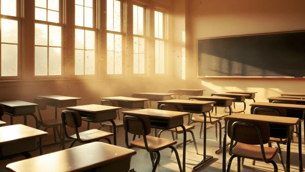 Imagen de aula de escuela vacía.