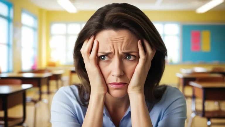 Mujer con cara de preocupación en una aula de escuela.