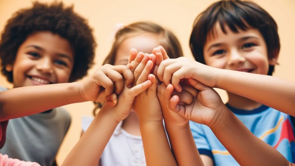 Niños uniendo sus manos.