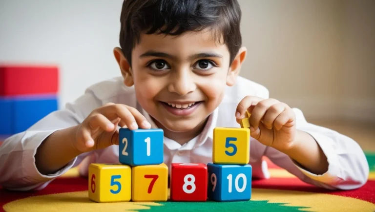 Niños jugando con cubos numéricos.