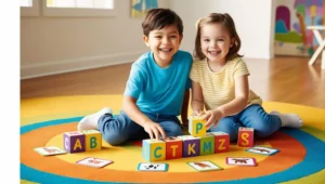 un niño y una niña sentados en el piso jugando con letras y tarjetas de dibujos de animales.