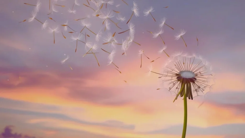 Un diente de león esparciendo sus semillas al viento con un cielo colorido de fondo, representando libertad, exploración y el ciclo natural de la vida.