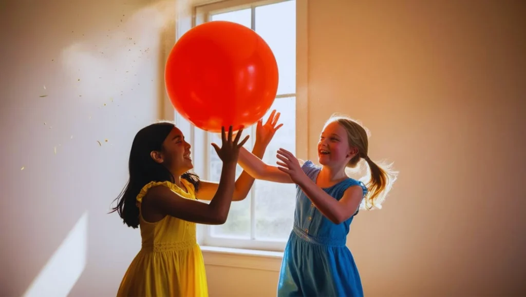 Dos niñas jugando con un globo rojo.