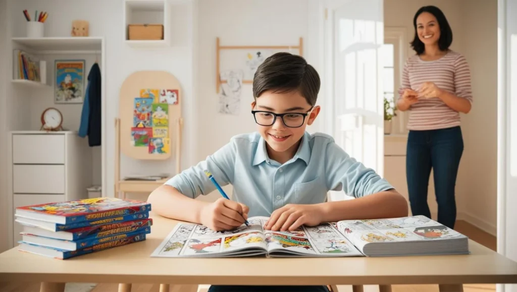 Niño dibujando comics