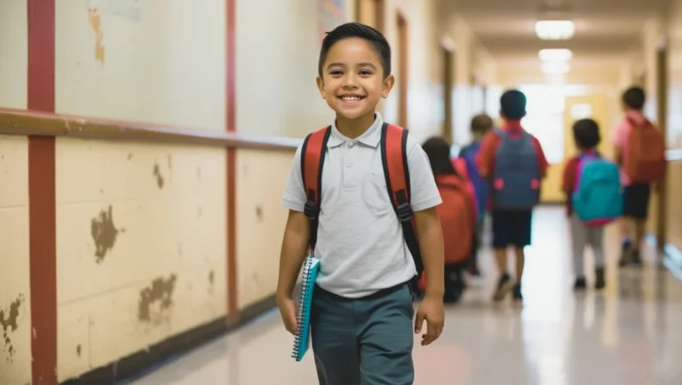 Niño feliz, caminando por un pasillo de escuela.