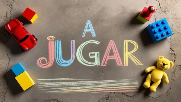 La frase " A jugar" escrita en un piso de cemento con tiza de color y juguetes alrededor.