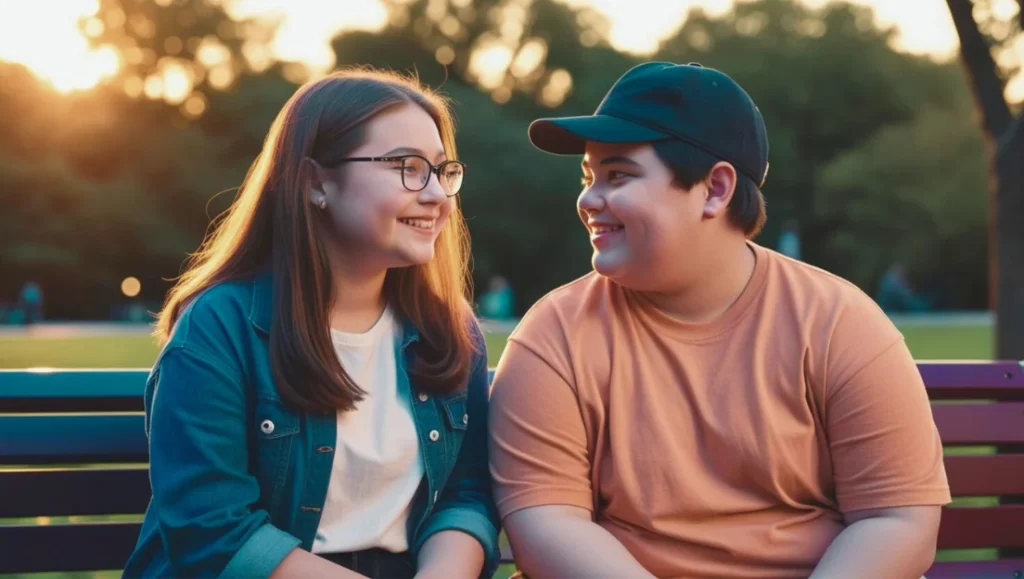 Dos adolescentes sentados en una plaza,sonriendo.