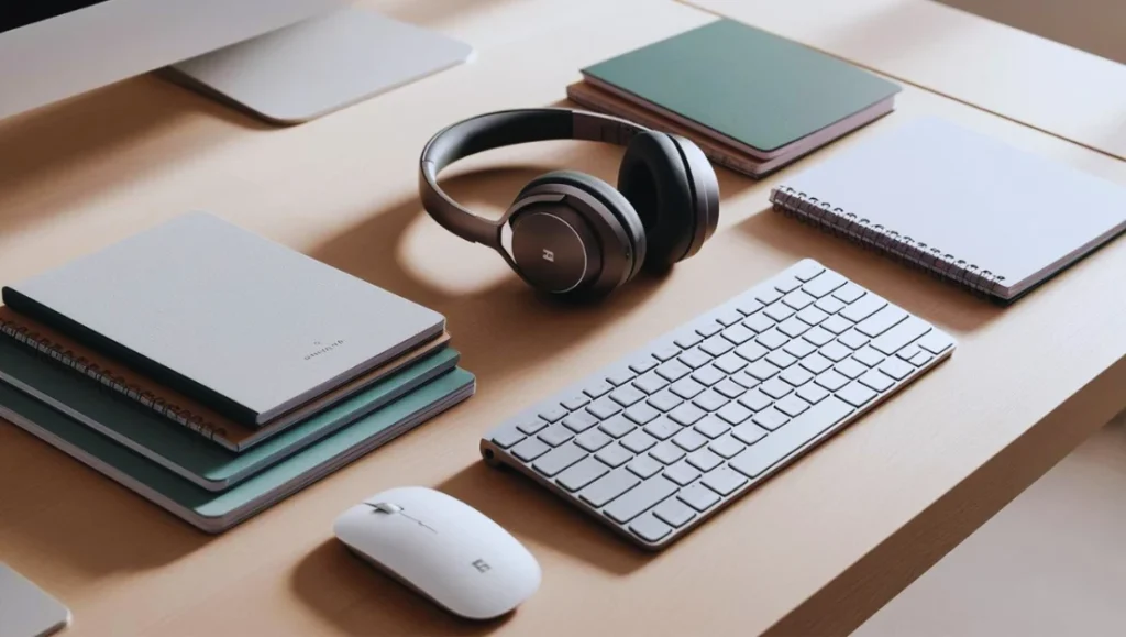 Escritorio laboral, con teclado, auriculares, mouse y cuadernos.