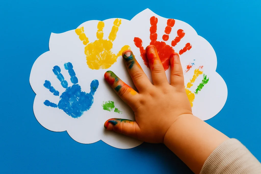Mano de niño pintando de colores una nube blanca.