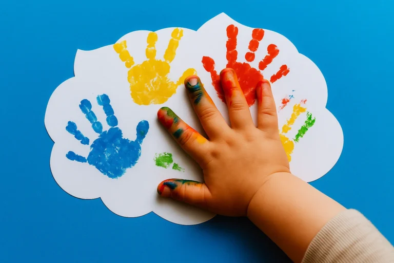 Mano de niño pintando de colores una nube blanca.